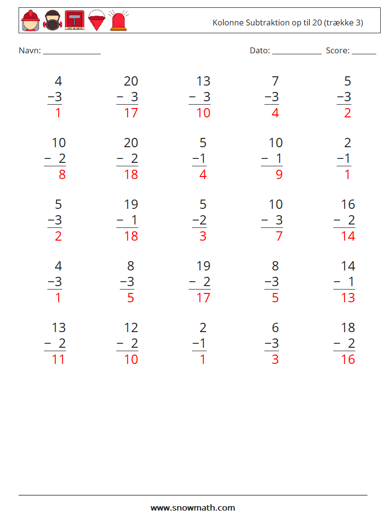 (25) Kolonne Subtraktion op til 20 (trække 3) Matematiske regneark 1 Spørgsmål, svar