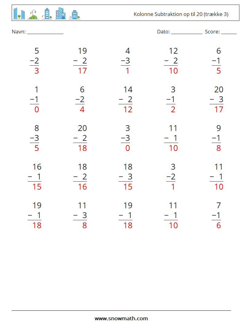 (25) Kolonne Subtraktion op til 20 (trække 3) Matematiske regneark 2 Spørgsmål, svar