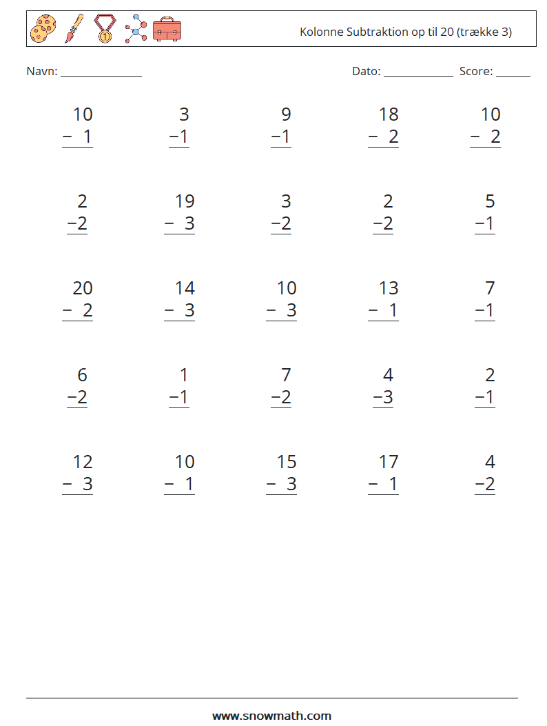 (25) Kolonne Subtraktion op til 20 (trække 3) Matematiske regneark 3