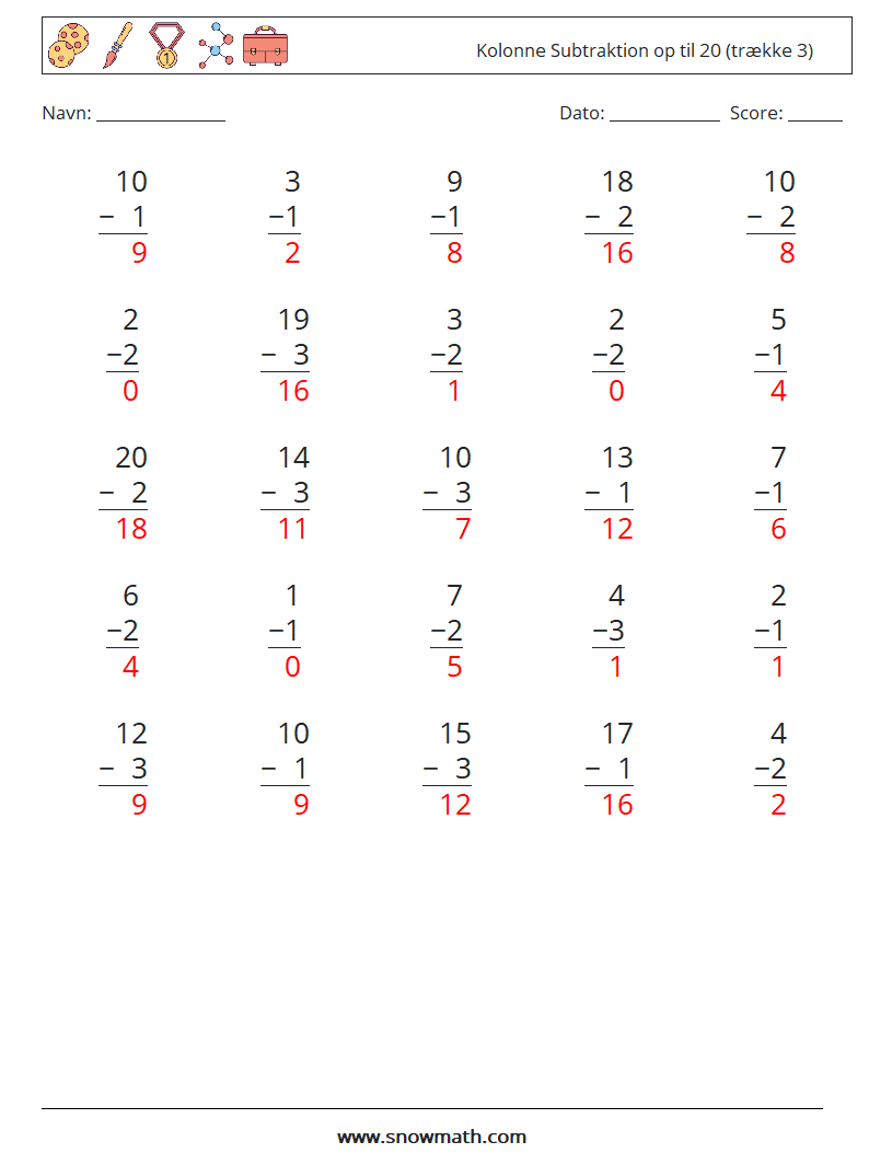 (25) Kolonne Subtraktion op til 20 (trække 3) Matematiske regneark 3 Spørgsmål, svar