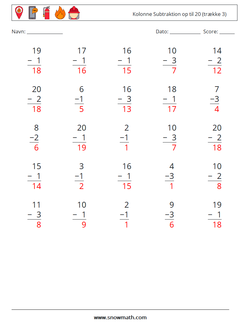 (25) Kolonne Subtraktion op til 20 (trække 3) Matematiske regneark 4 Spørgsmål, svar