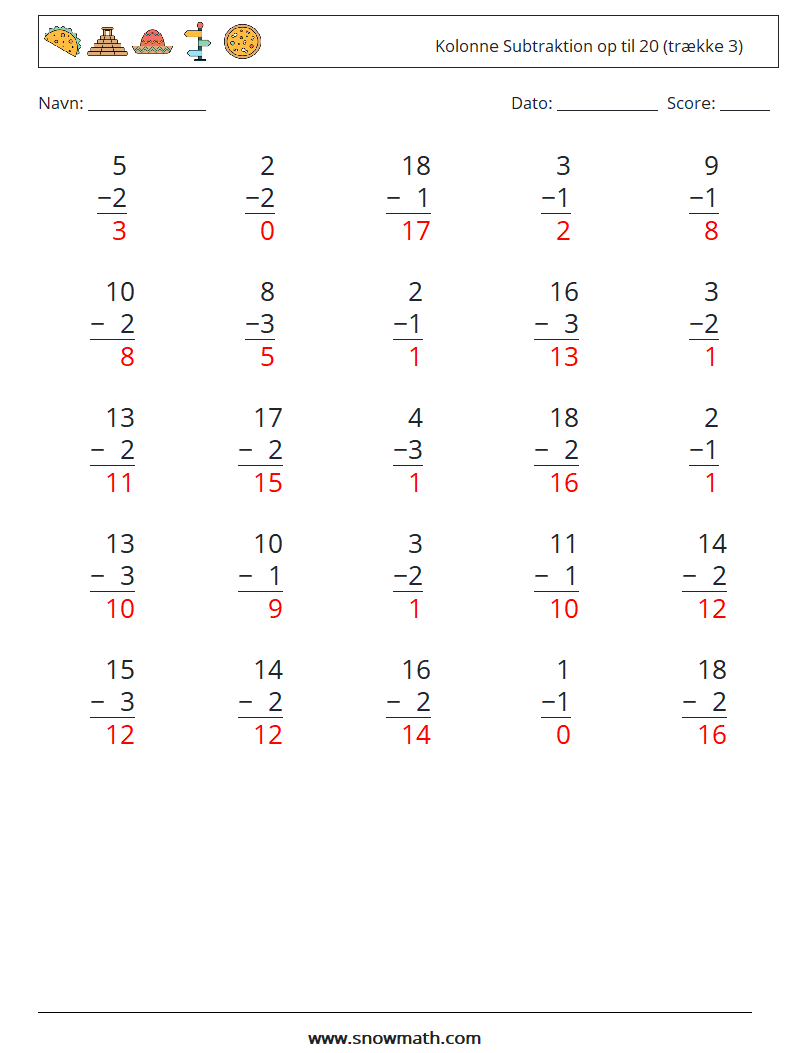 (25) Kolonne Subtraktion op til 20 (trække 3) Matematiske regneark 5 Spørgsmål, svar