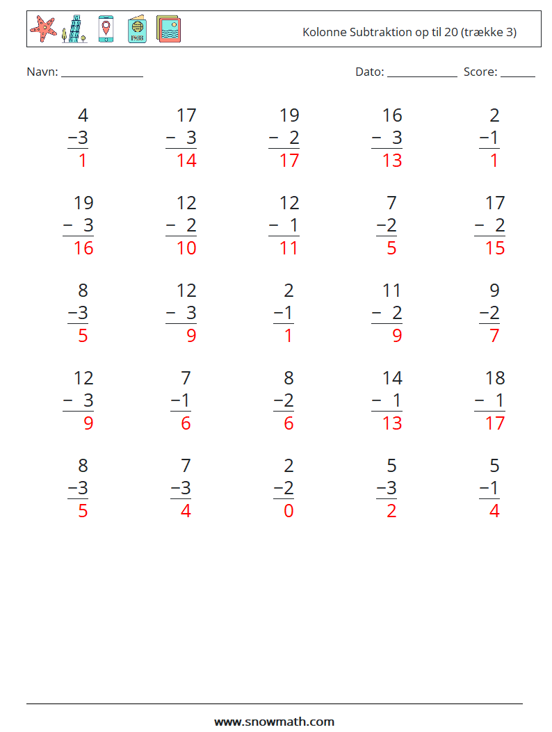 (25) Kolonne Subtraktion op til 20 (trække 3) Matematiske regneark 6 Spørgsmål, svar