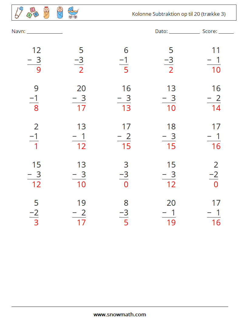 (25) Kolonne Subtraktion op til 20 (trække 3) Matematiske regneark 7 Spørgsmål, svar