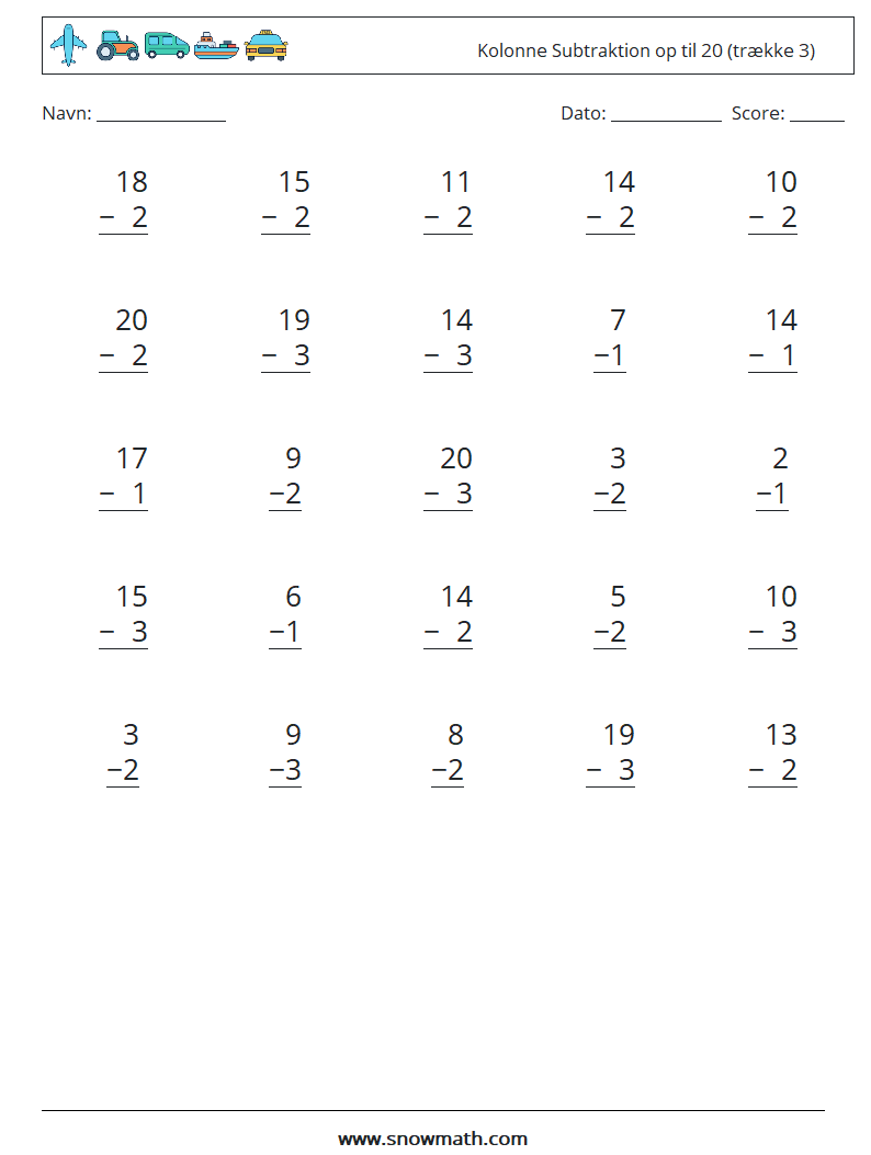 (25) Kolonne Subtraktion op til 20 (trække 3) Matematiske regneark 8