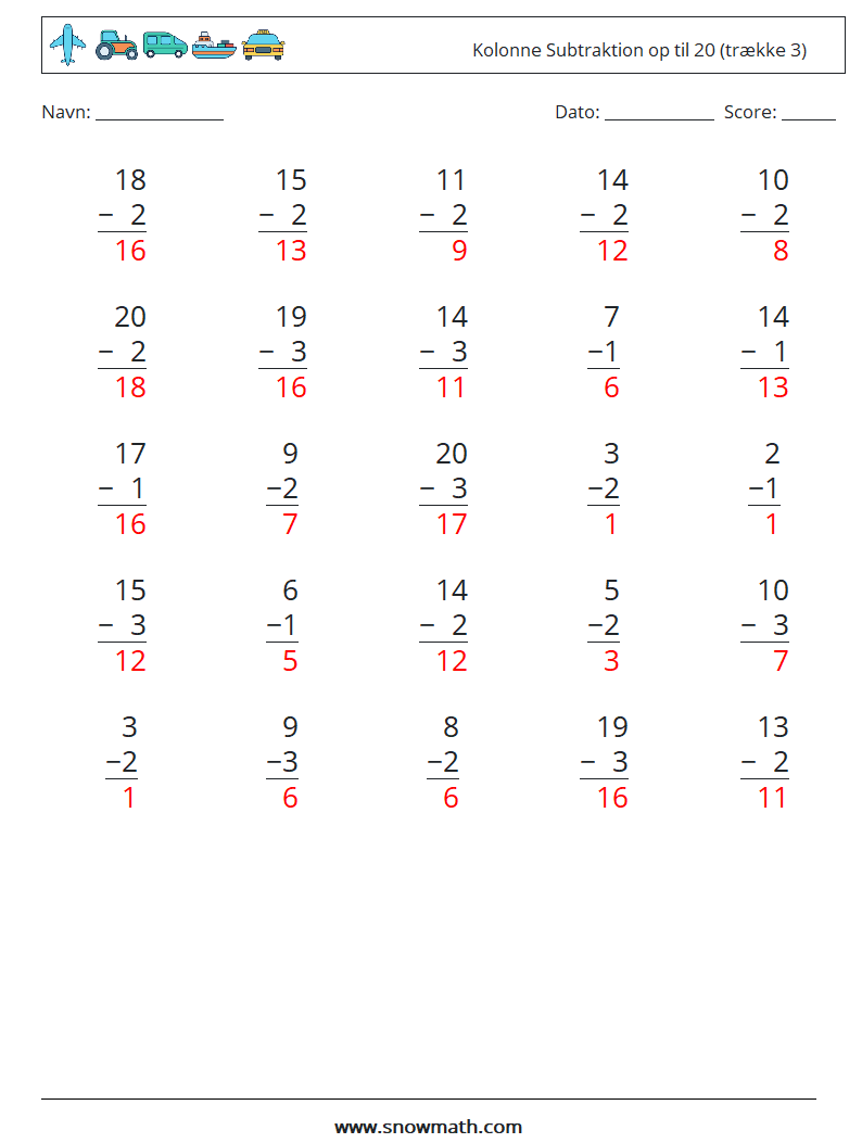 (25) Kolonne Subtraktion op til 20 (trække 3) Matematiske regneark 8 Spørgsmål, svar