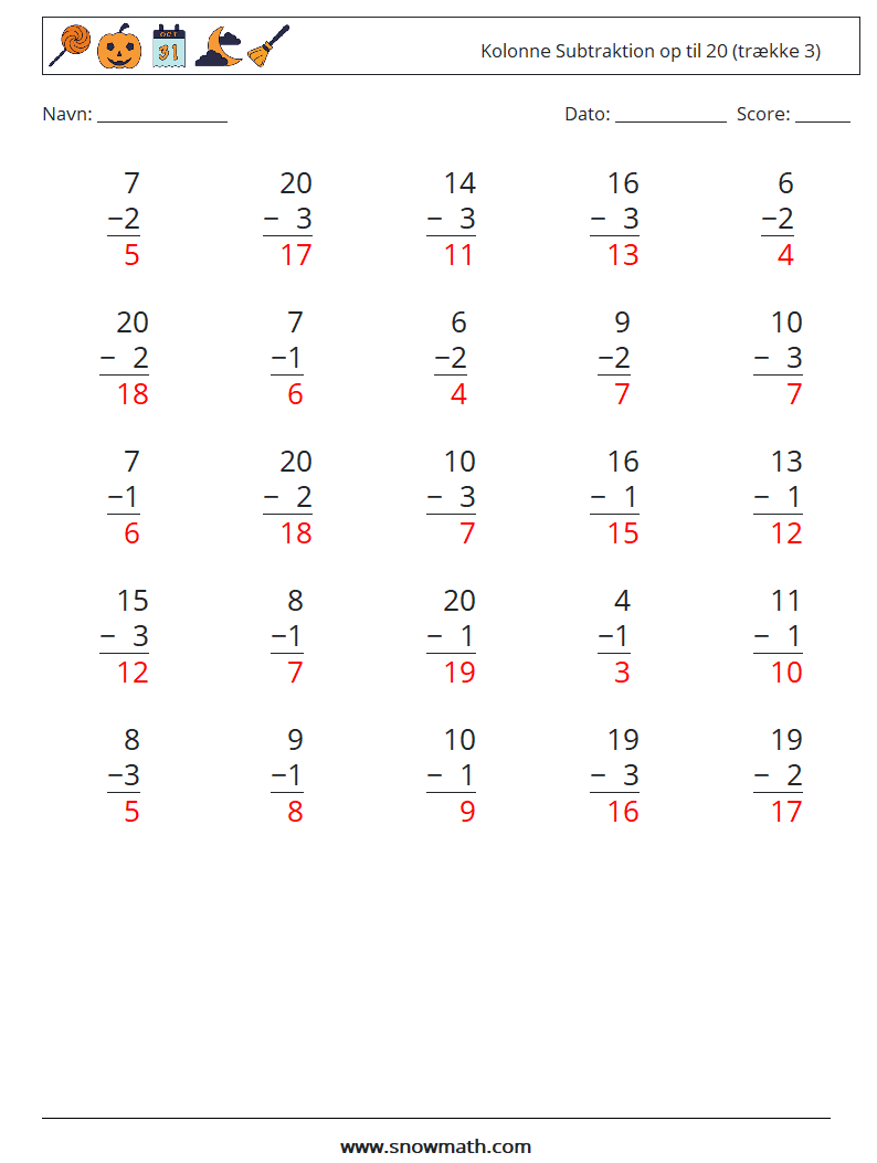 (25) Kolonne Subtraktion op til 20 (trække 3) Matematiske regneark 9 Spørgsmål, svar