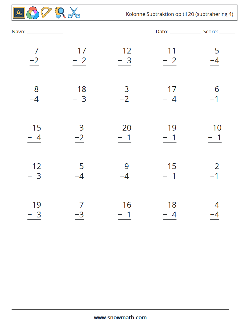 (25) Kolonne Subtraktion op til 20 (subtrahering 4) Matematiske regneark 1