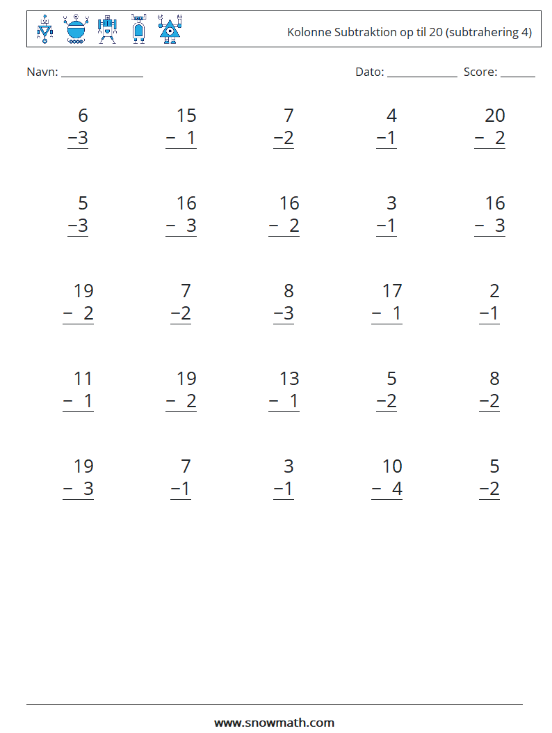 (25) Kolonne Subtraktion op til 20 (subtrahering 4) Matematiske regneark 7