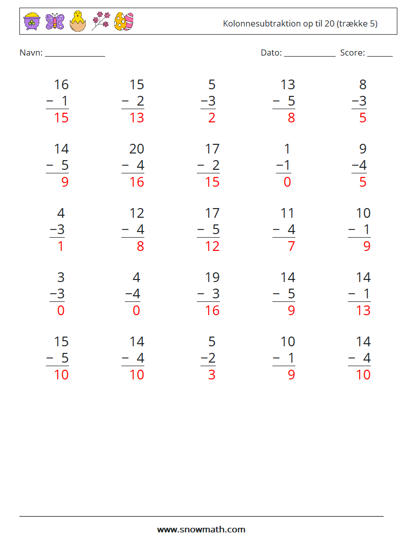 (25) Kolonnesubtraktion op til 20 (trække 5) Matematiske regneark 11 Spørgsmål, svar