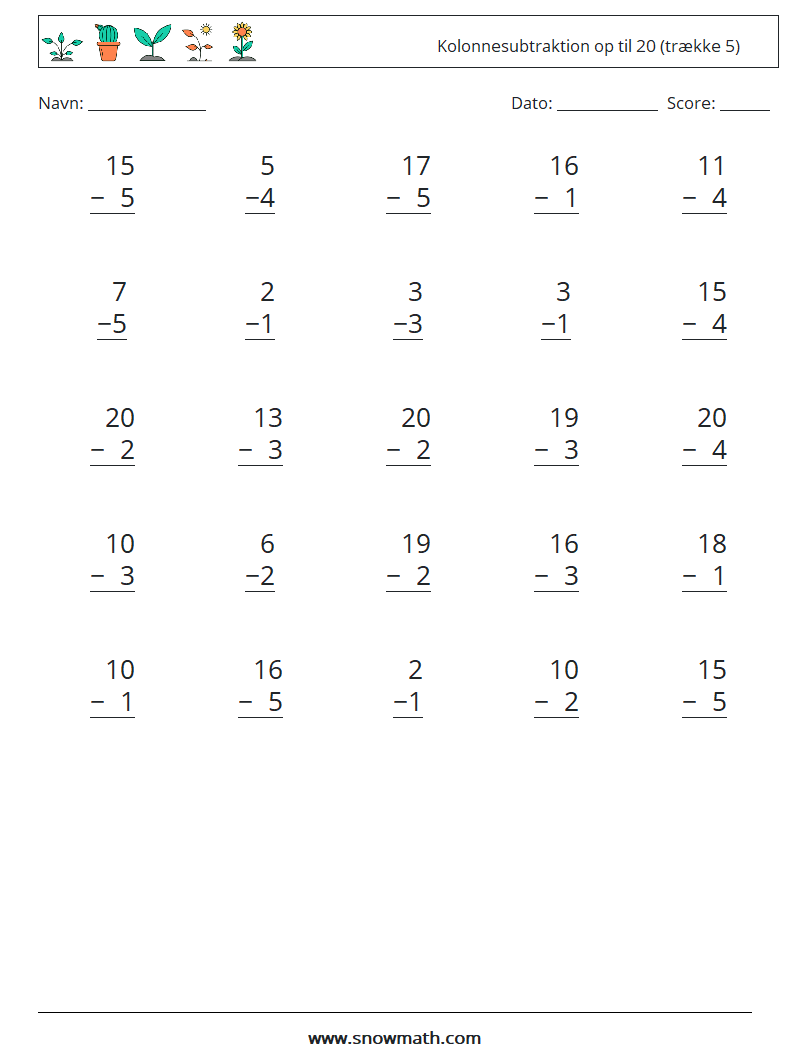 (25) Kolonnesubtraktion op til 20 (trække 5) Matematiske regneark 13