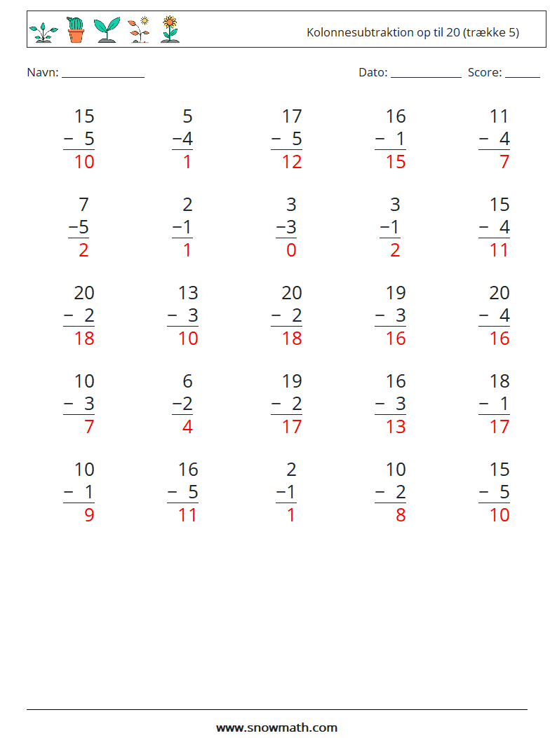 (25) Kolonnesubtraktion op til 20 (trække 5) Matematiske regneark 13 Spørgsmål, svar