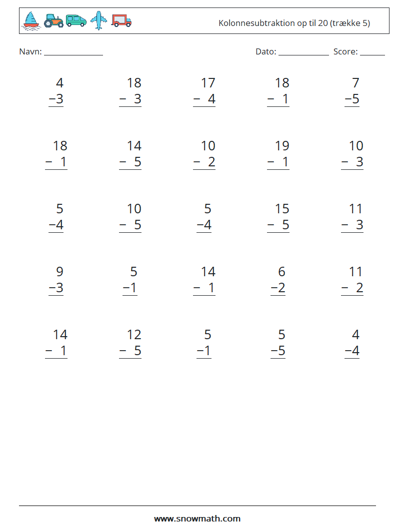 (25) Kolonnesubtraktion op til 20 (trække 5) Matematiske regneark 14