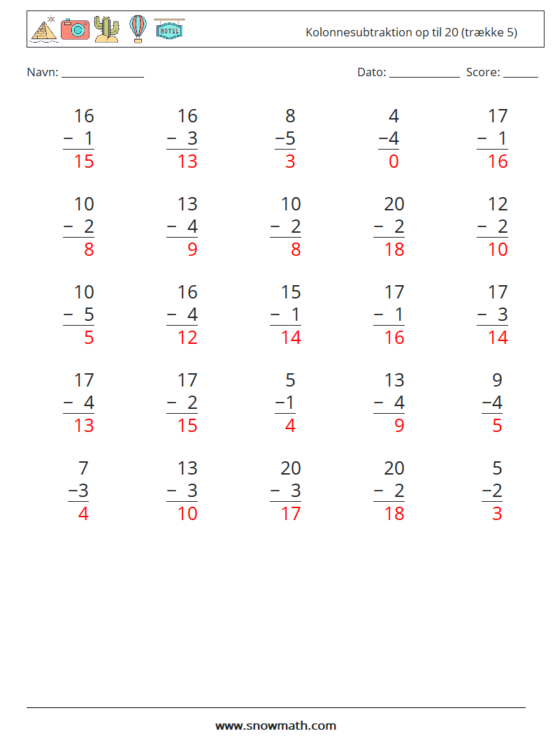 (25) Kolonnesubtraktion op til 20 (trække 5) Matematiske regneark 1 Spørgsmål, svar