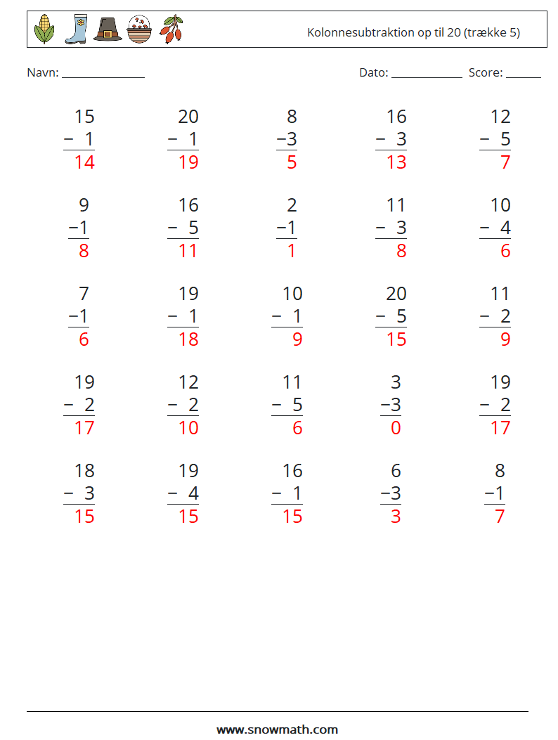 (25) Kolonnesubtraktion op til 20 (trække 5) Matematiske regneark 2 Spørgsmål, svar