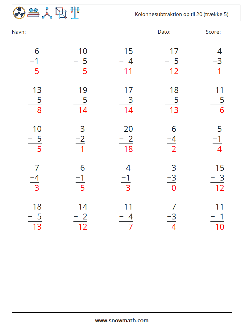 (25) Kolonnesubtraktion op til 20 (trække 5) Matematiske regneark 3 Spørgsmål, svar