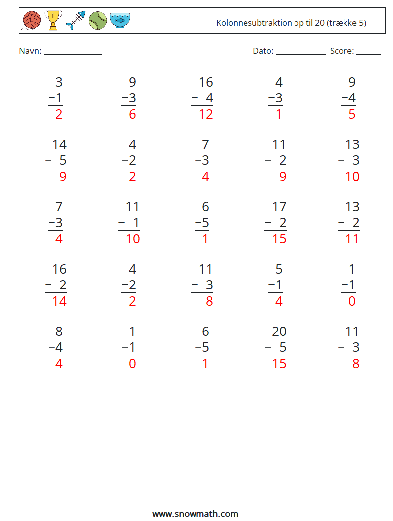 (25) Kolonnesubtraktion op til 20 (trække 5) Matematiske regneark 4 Spørgsmål, svar