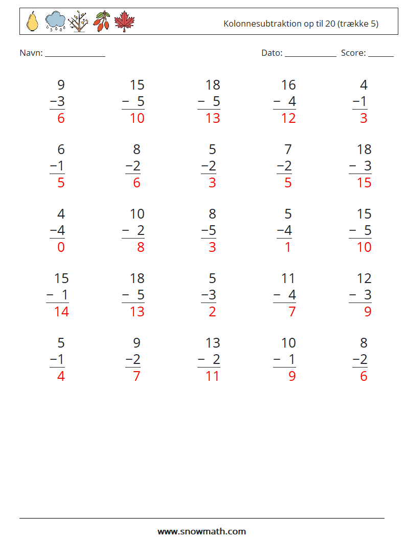 (25) Kolonnesubtraktion op til 20 (trække 5) Matematiske regneark 5 Spørgsmål, svar