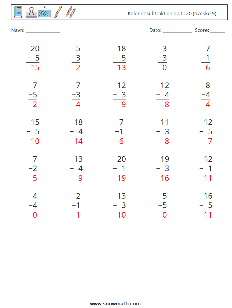 (25) Kolonnesubtraktion op til 20 (trække 5) Matematiske regneark 6 Spørgsmål, svar