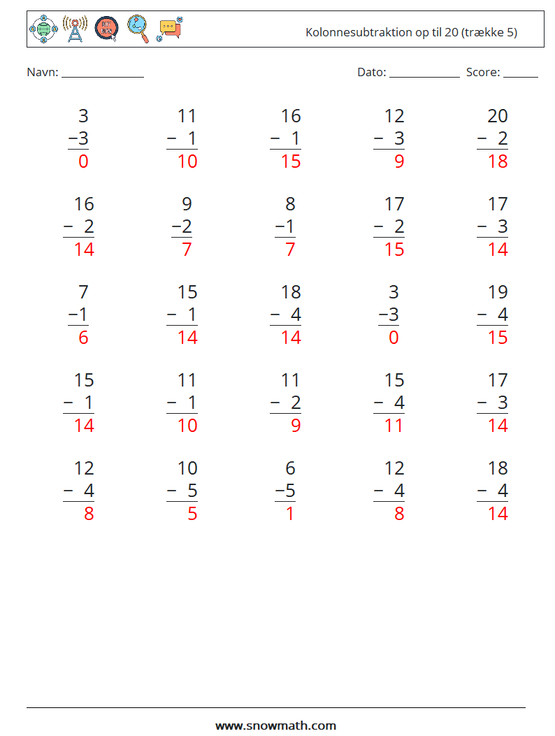 (25) Kolonnesubtraktion op til 20 (trække 5) Matematiske regneark 8 Spørgsmål, svar