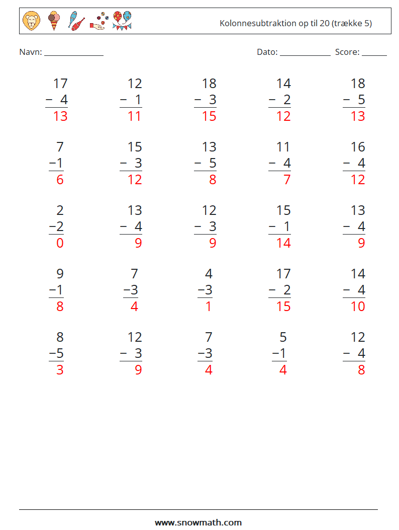 (25) Kolonnesubtraktion op til 20 (trække 5) Matematiske regneark 9 Spørgsmål, svar