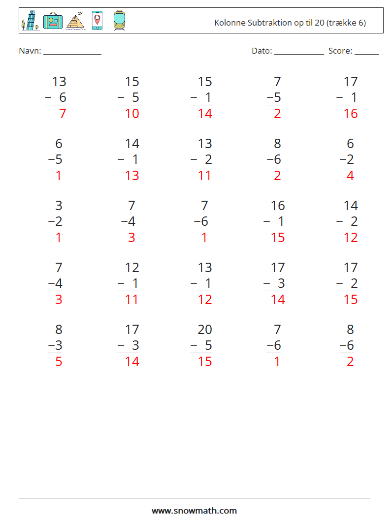 (25) Kolonne Subtraktion op til 20 (trække 6) Matematiske regneark 12 Spørgsmål, svar