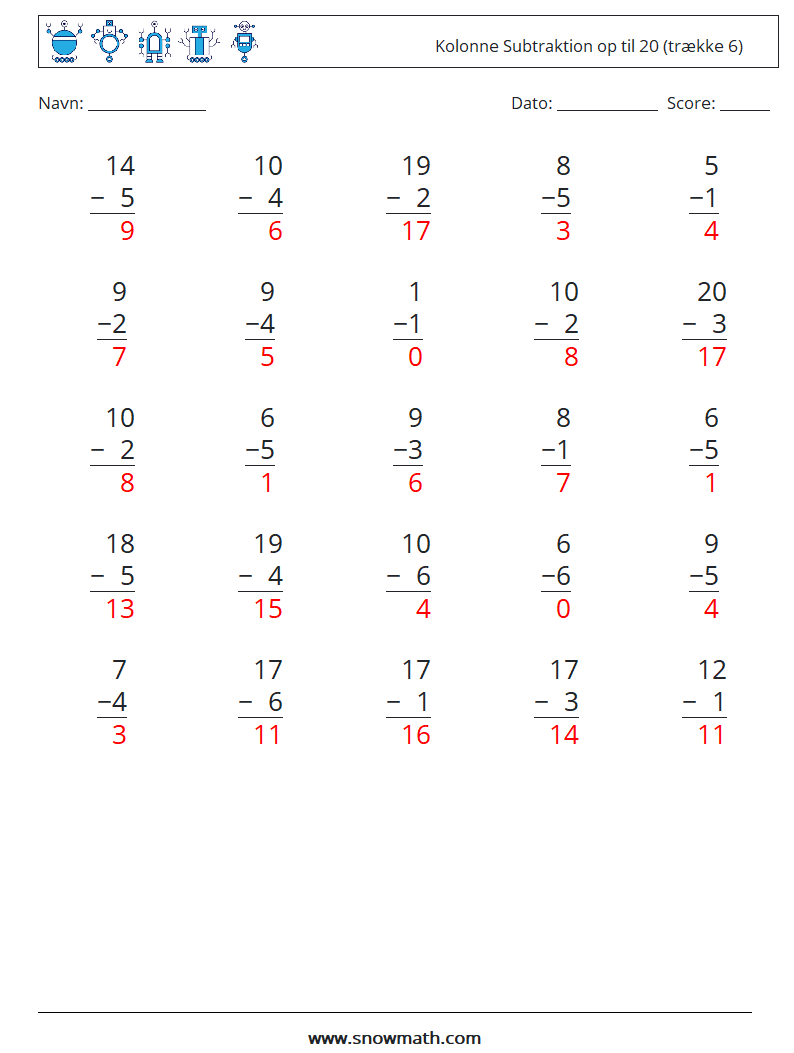 (25) Kolonne Subtraktion op til 20 (trække 6) Matematiske regneark 13 Spørgsmål, svar