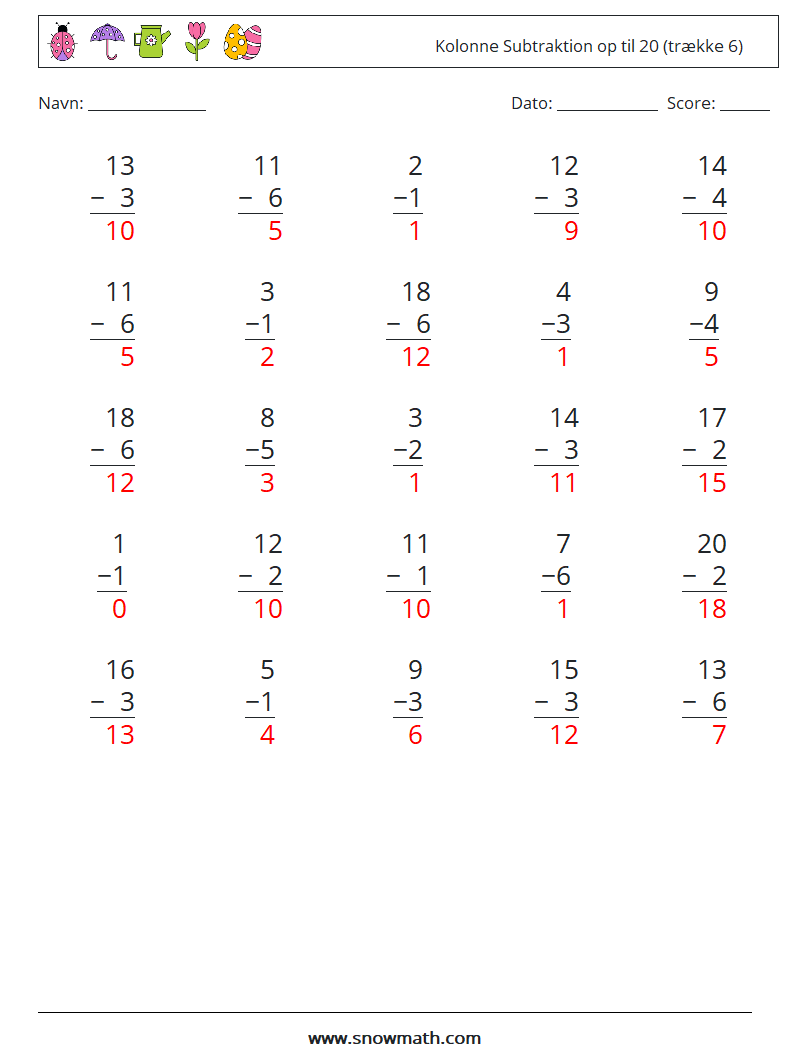 (25) Kolonne Subtraktion op til 20 (trække 6) Matematiske regneark 14 Spørgsmål, svar