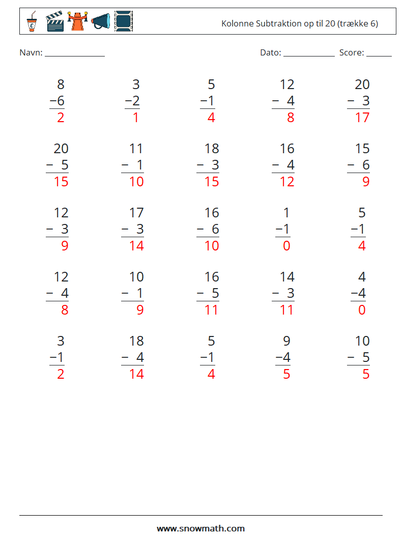 (25) Kolonne Subtraktion op til 20 (trække 6) Matematiske regneark 15 Spørgsmål, svar