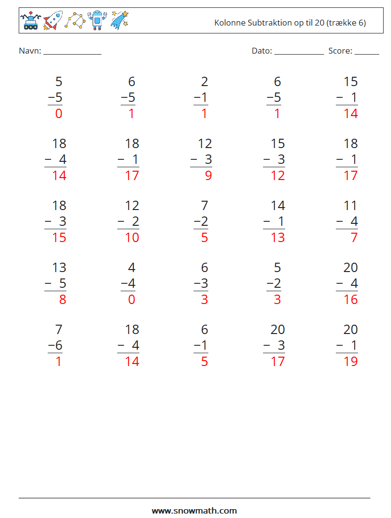 (25) Kolonne Subtraktion op til 20 (trække 6) Matematiske regneark 17 Spørgsmål, svar