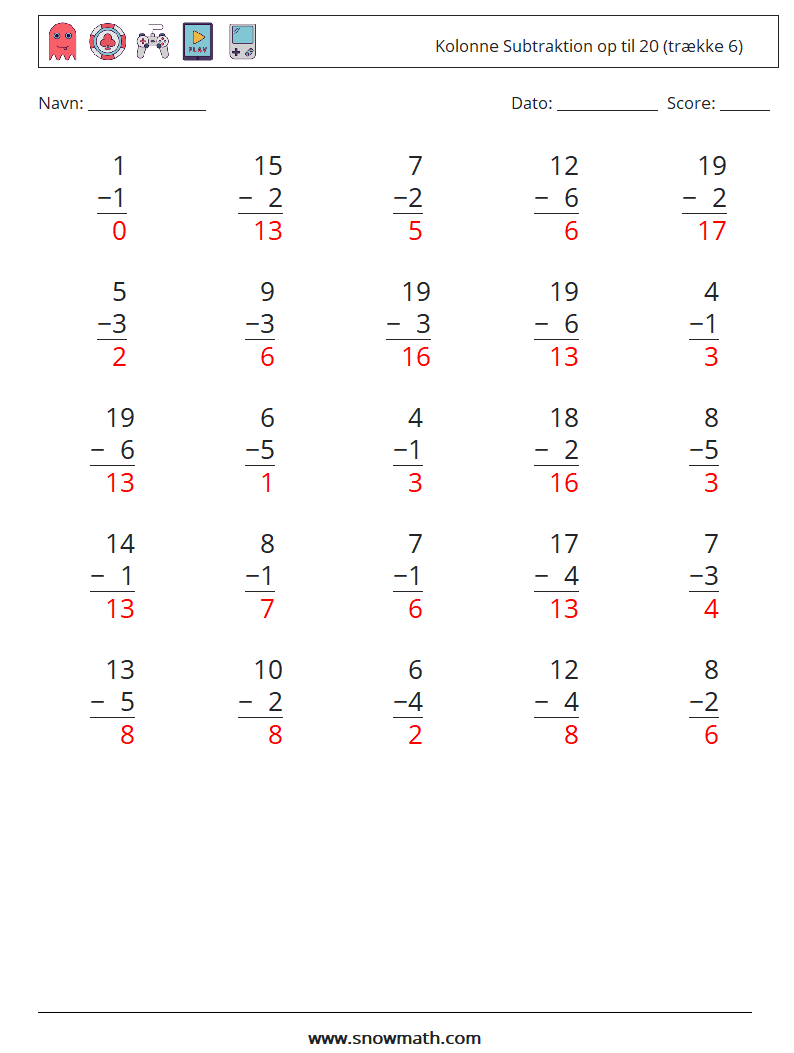 (25) Kolonne Subtraktion op til 20 (trække 6) Matematiske regneark 18 Spørgsmål, svar