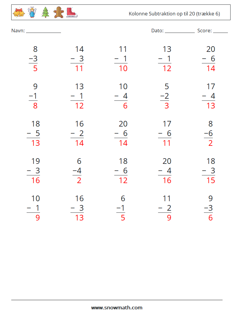 (25) Kolonne Subtraktion op til 20 (trække 6) Matematiske regneark 1 Spørgsmål, svar