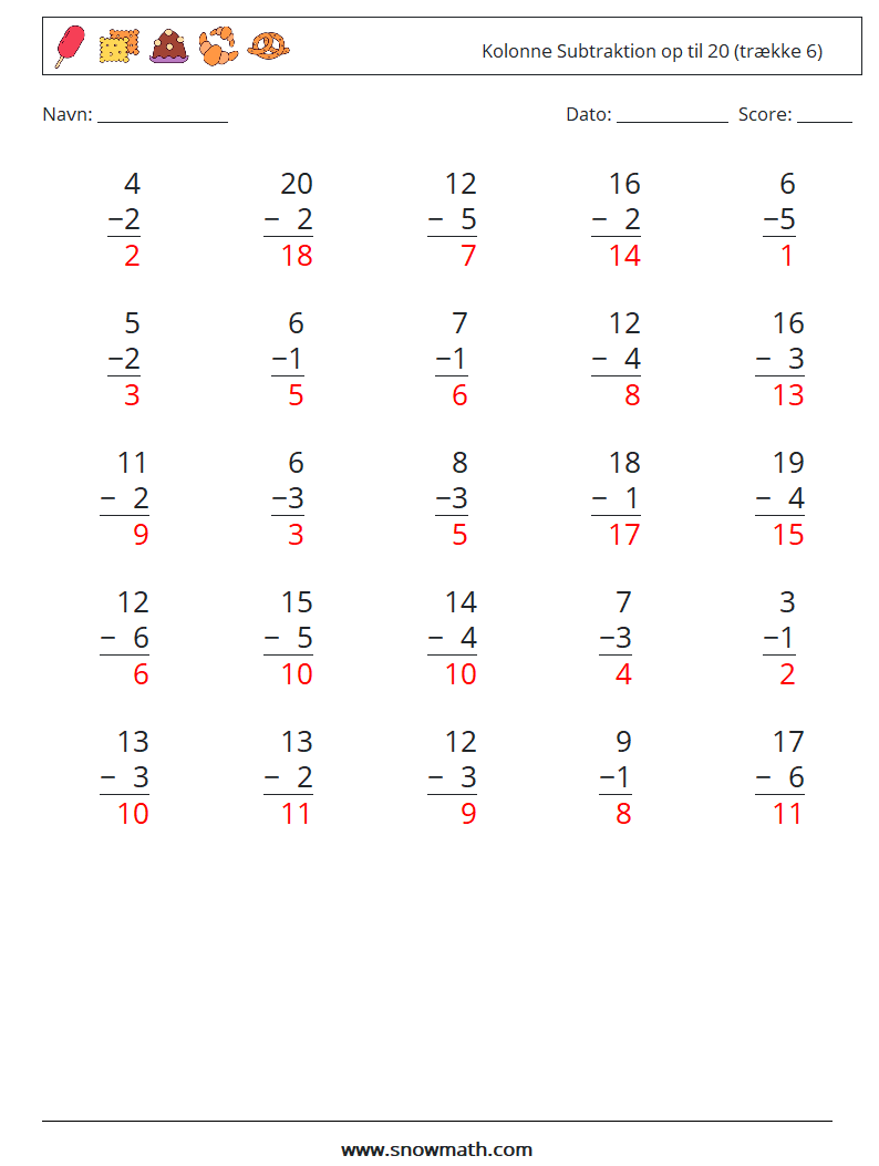 (25) Kolonne Subtraktion op til 20 (trække 6) Matematiske regneark 2 Spørgsmål, svar