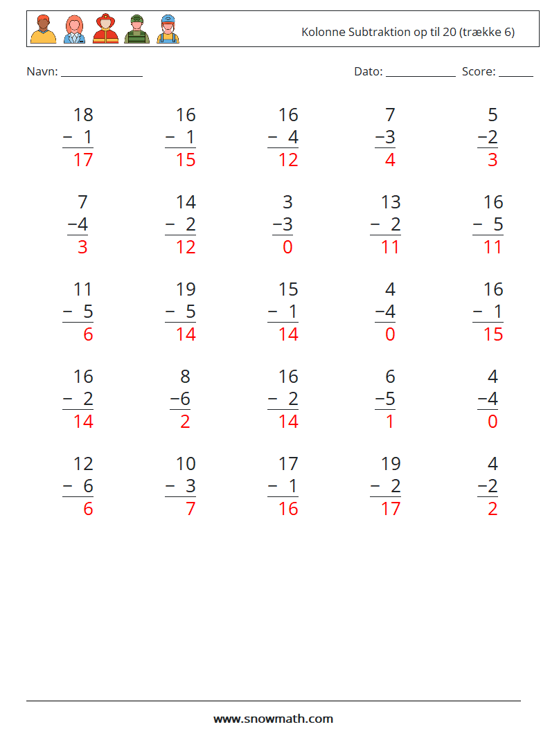 (25) Kolonne Subtraktion op til 20 (trække 6) Matematiske regneark 5 Spørgsmål, svar