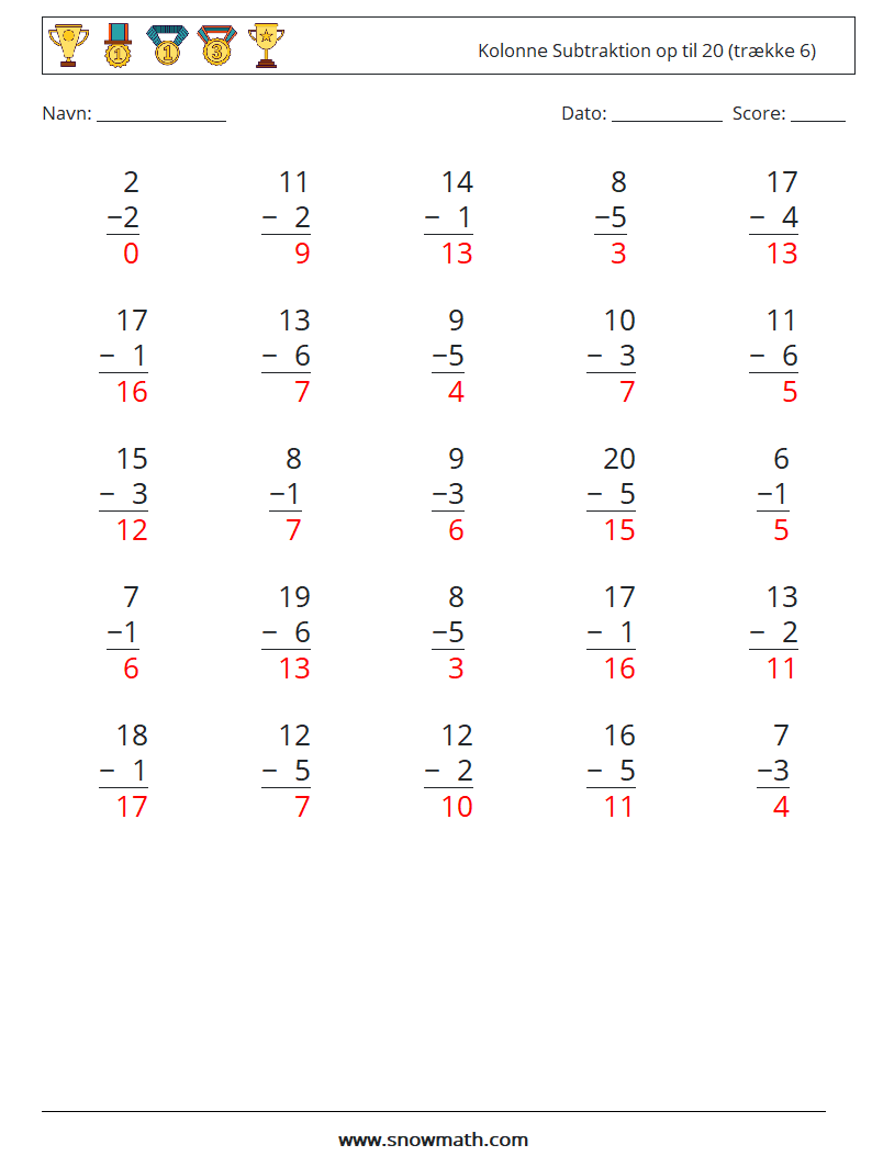 (25) Kolonne Subtraktion op til 20 (trække 6) Matematiske regneark 6 Spørgsmål, svar