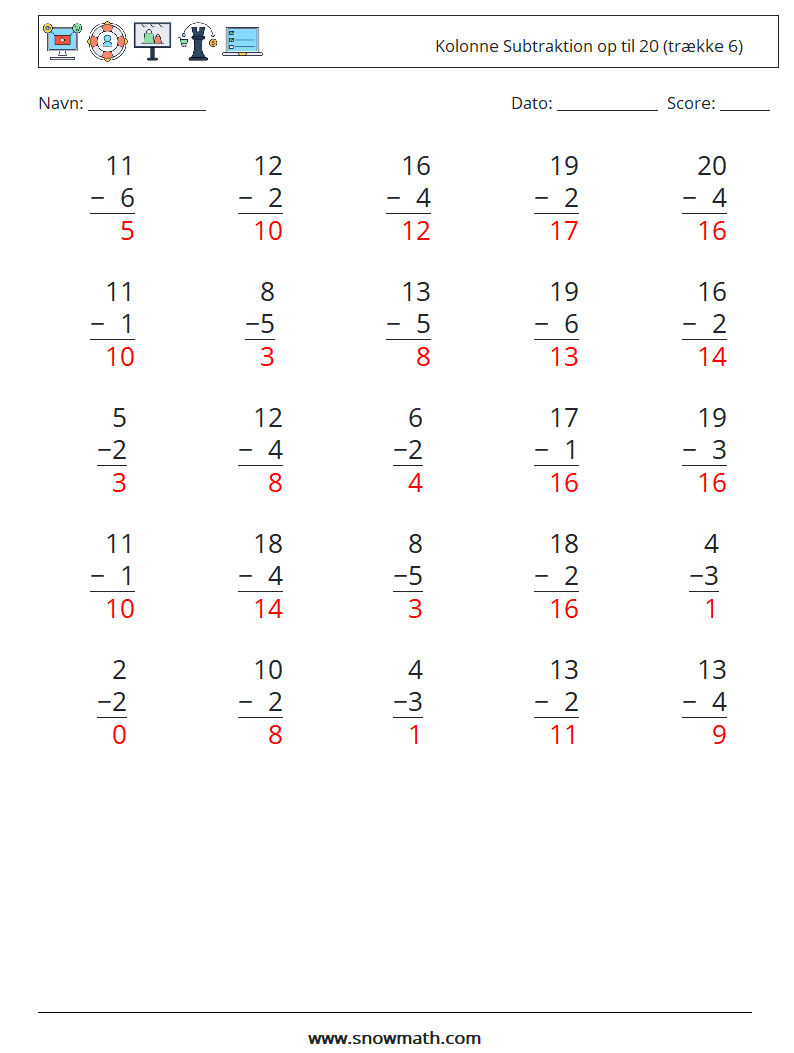 (25) Kolonne Subtraktion op til 20 (trække 6) Matematiske regneark 7 Spørgsmål, svar