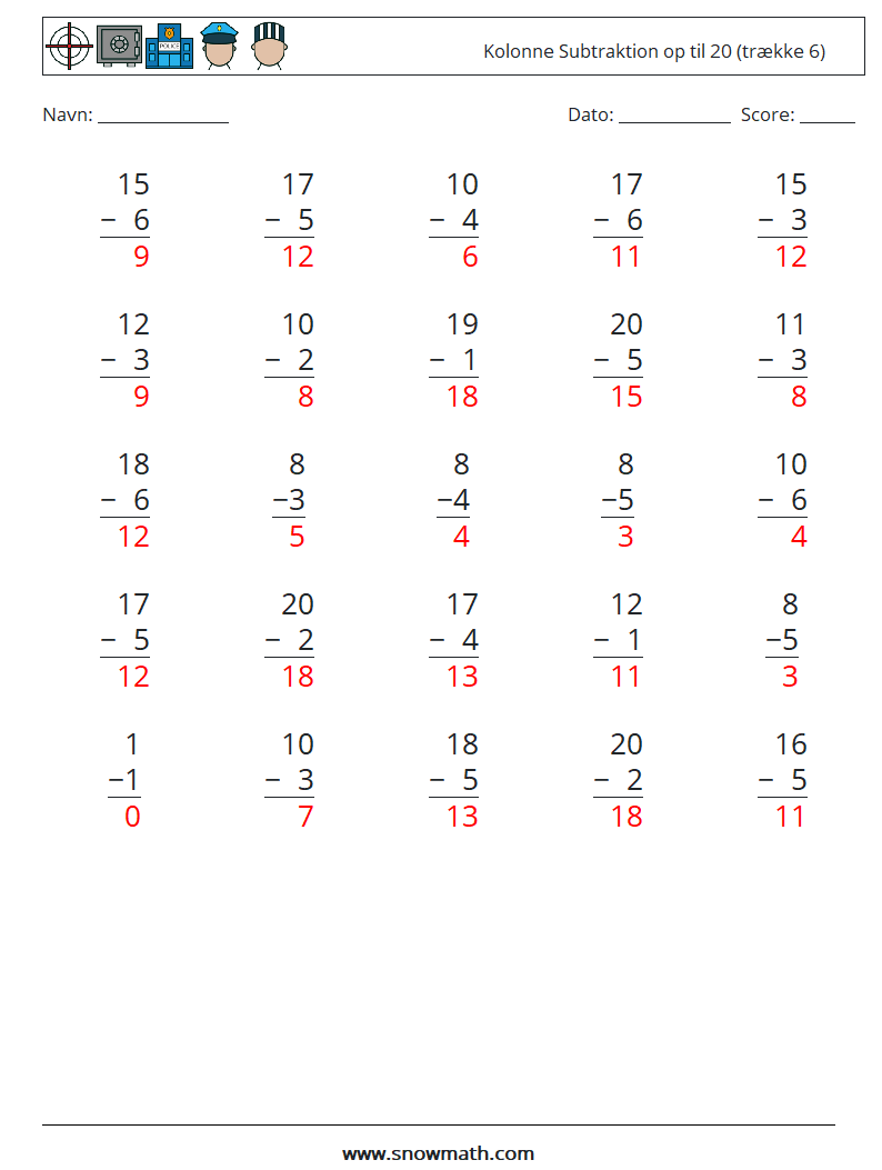 (25) Kolonne Subtraktion op til 20 (trække 6) Matematiske regneark 8 Spørgsmål, svar