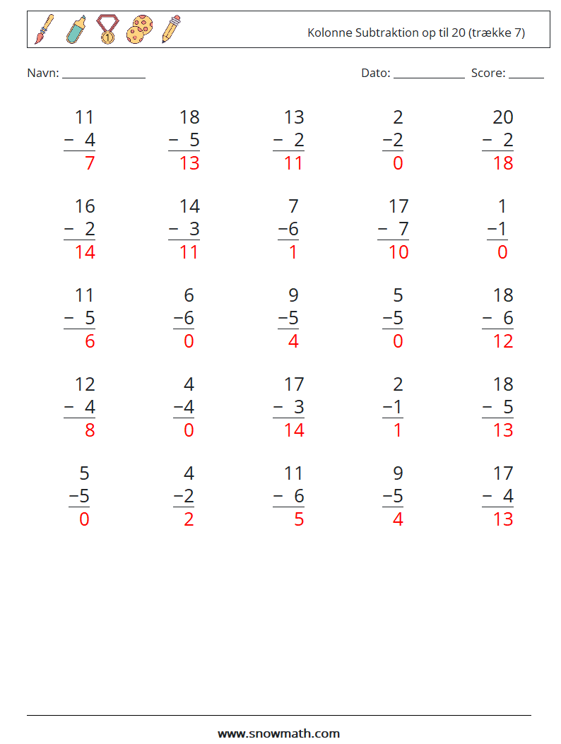 (25) Kolonne Subtraktion op til 20 (trække 7) Matematiske regneark 15 Spørgsmål, svar