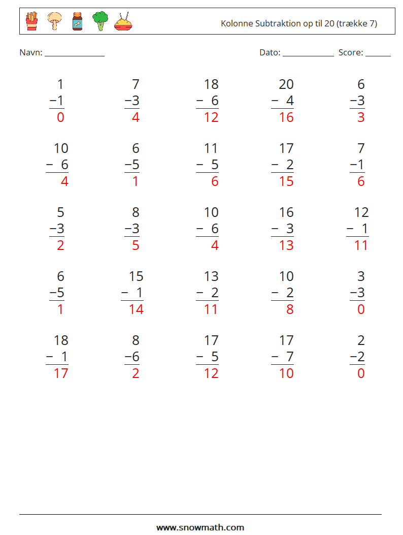 (25) Kolonne Subtraktion op til 20 (trække 7) Matematiske regneark 17 Spørgsmål, svar