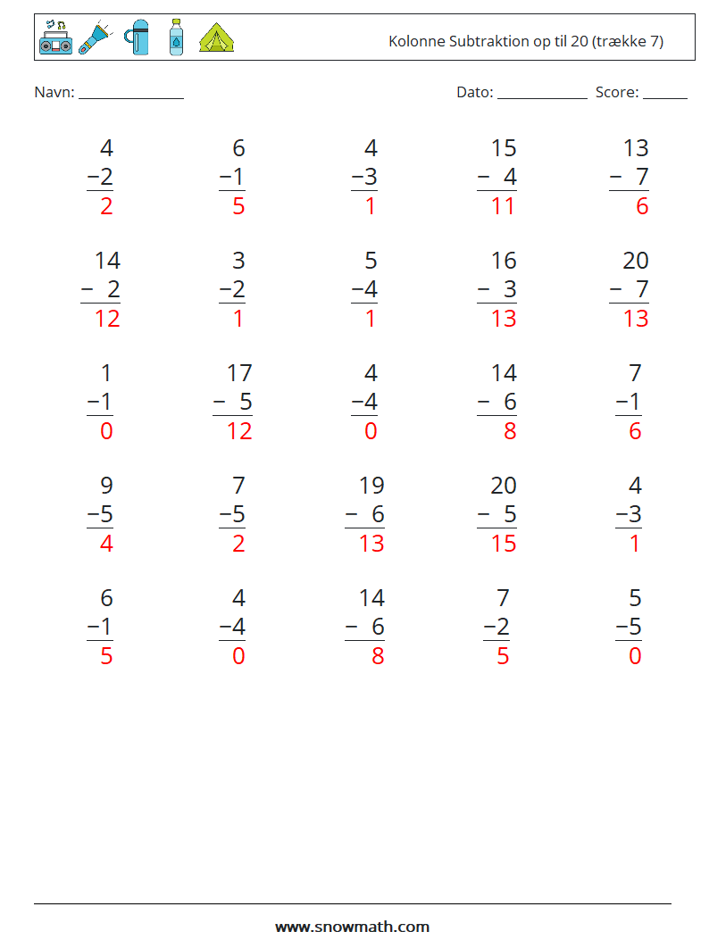 (25) Kolonne Subtraktion op til 20 (trække 7) Matematiske regneark 18 Spørgsmål, svar