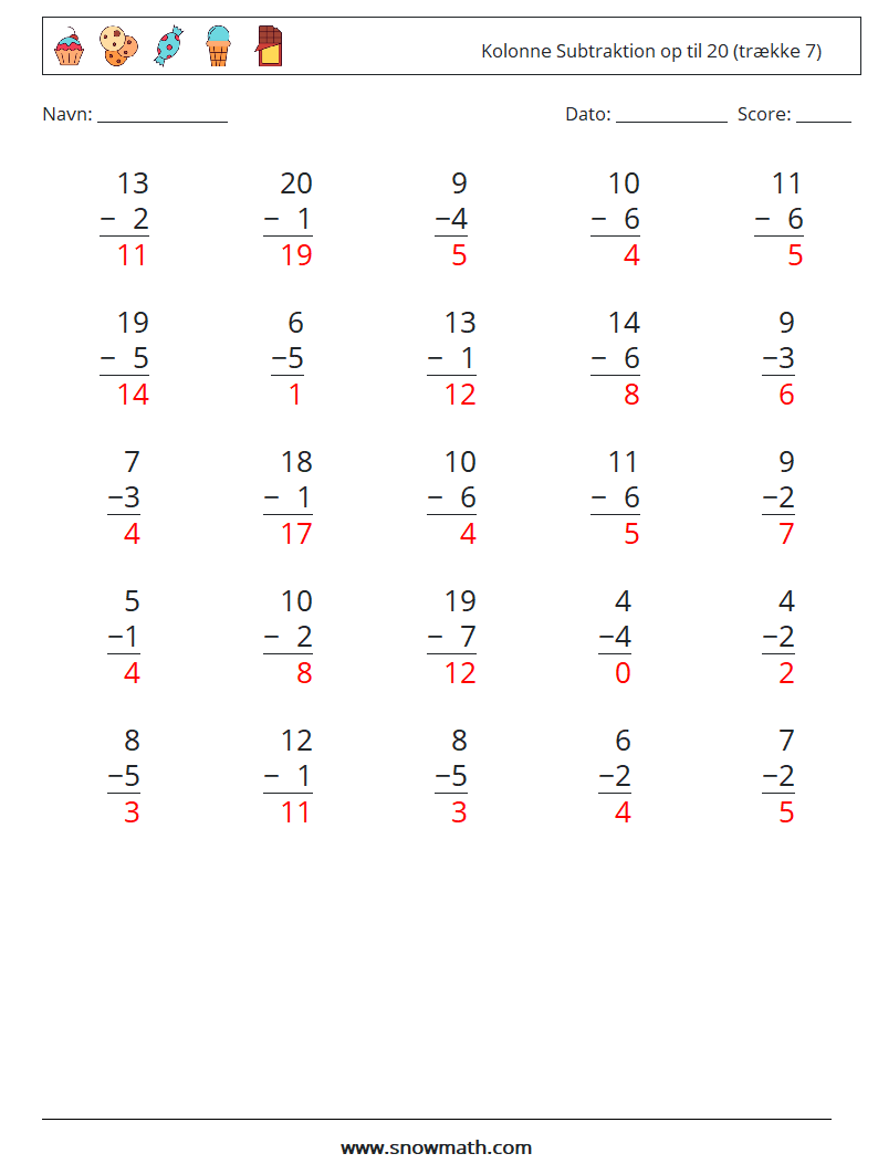 (25) Kolonne Subtraktion op til 20 (trække 7) Matematiske regneark 1 Spørgsmål, svar