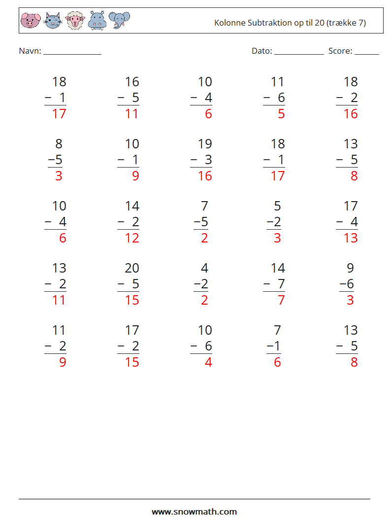 (25) Kolonne Subtraktion op til 20 (trække 7) Matematiske regneark 2 Spørgsmål, svar