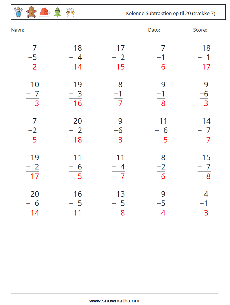 (25) Kolonne Subtraktion op til 20 (trække 7) Matematiske regneark 3 Spørgsmål, svar