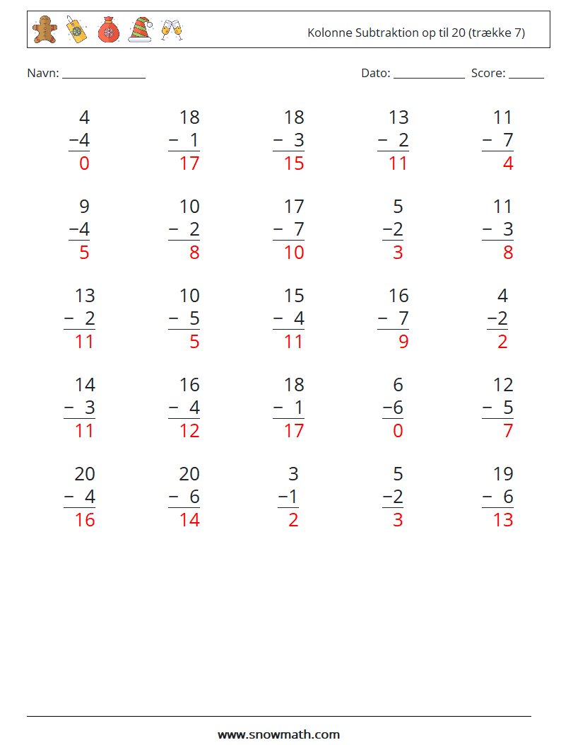 (25) Kolonne Subtraktion op til 20 (trække 7) Matematiske regneark 4 Spørgsmål, svar