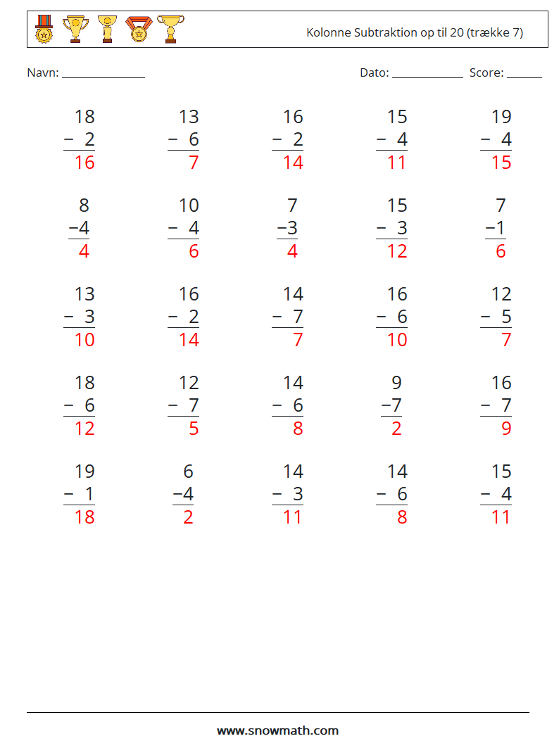 (25) Kolonne Subtraktion op til 20 (trække 7) Matematiske regneark 5 Spørgsmål, svar