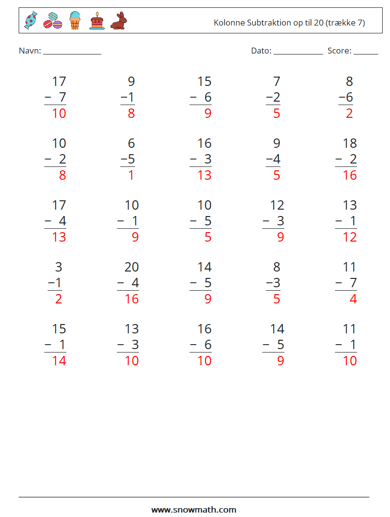 (25) Kolonne Subtraktion op til 20 (trække 7) Matematiske regneark 6 Spørgsmål, svar