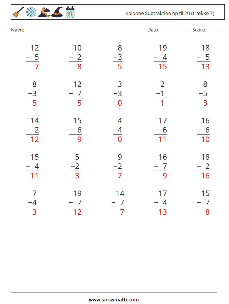 (25) Kolonne Subtraktion op til 20 (trække 7) Matematiske regneark 7 Spørgsmål, svar