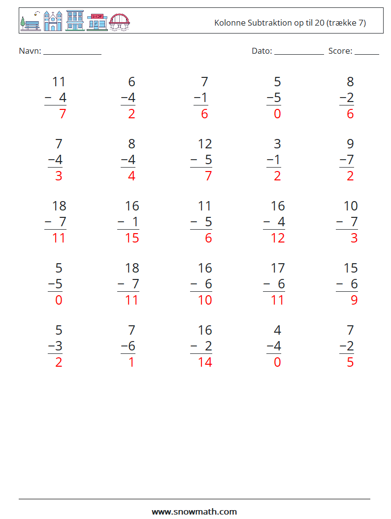 (25) Kolonne Subtraktion op til 20 (trække 7) Matematiske regneark 8 Spørgsmål, svar