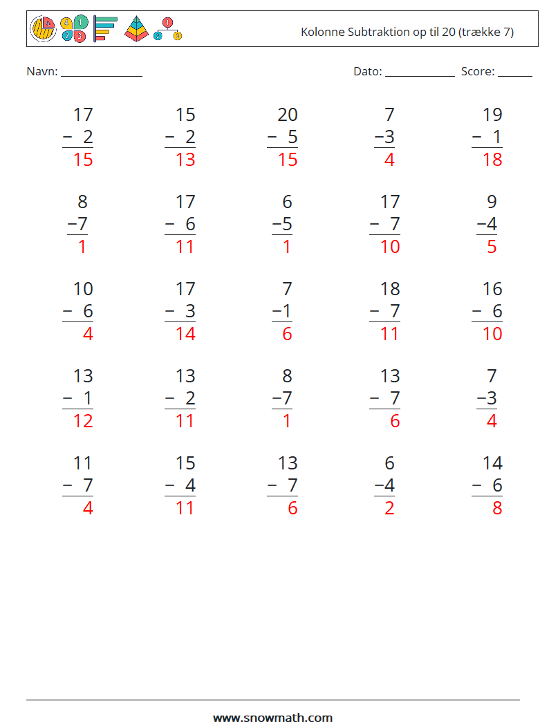 (25) Kolonne Subtraktion op til 20 (trække 7) Matematiske regneark 9 Spørgsmål, svar