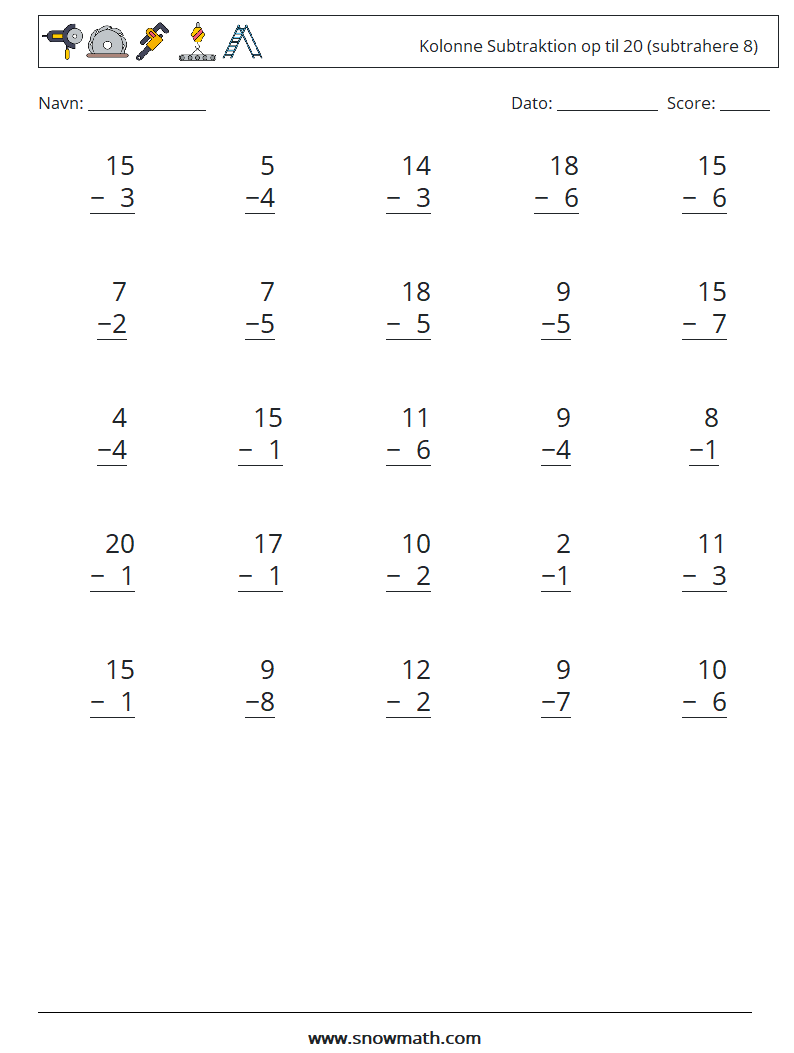 (25) Kolonne Subtraktion op til 20 (subtrahere 8) Matematiske regneark 1